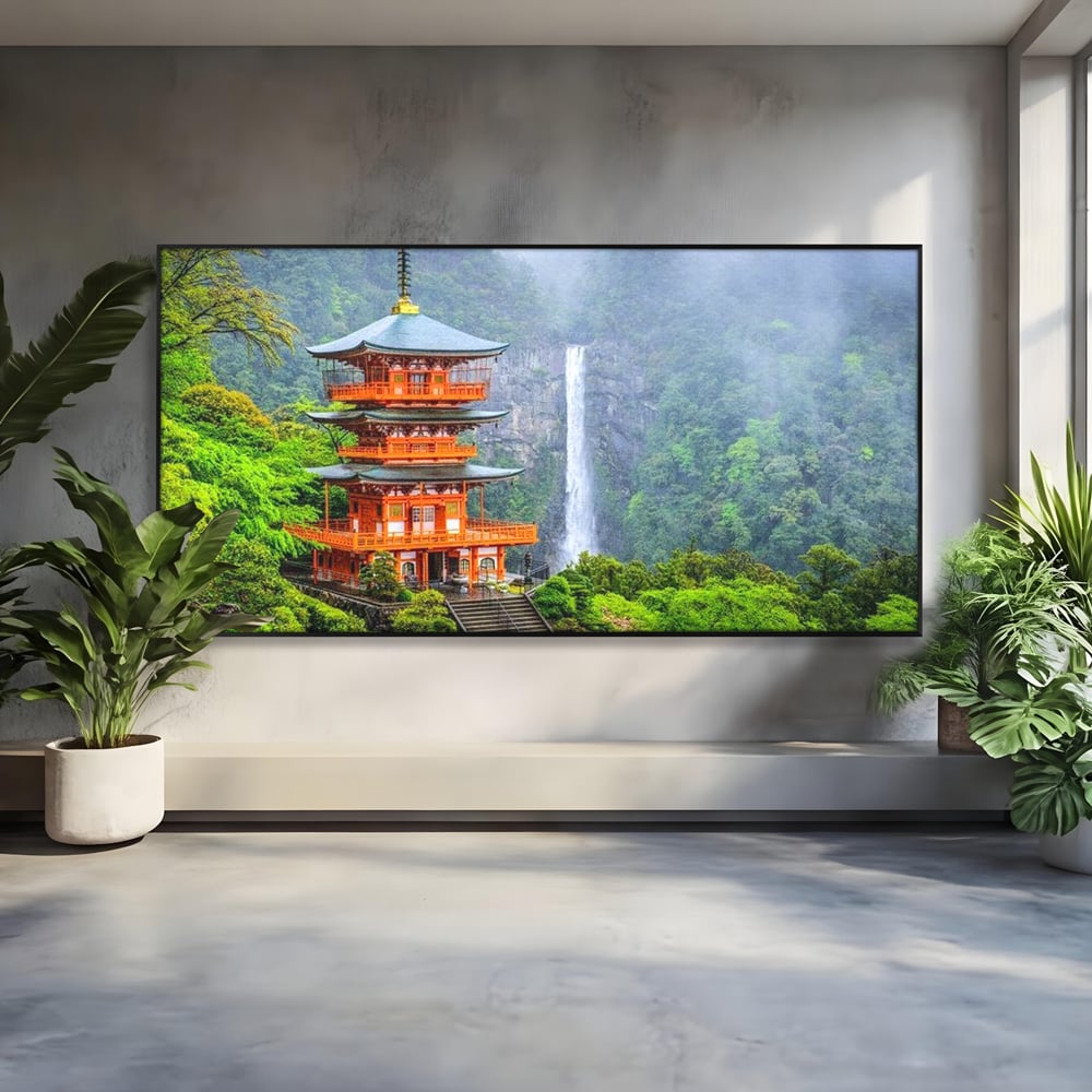 Tablou canvas cu tablou canvas cu pagoda si cascada, in rama de aluminiu negru